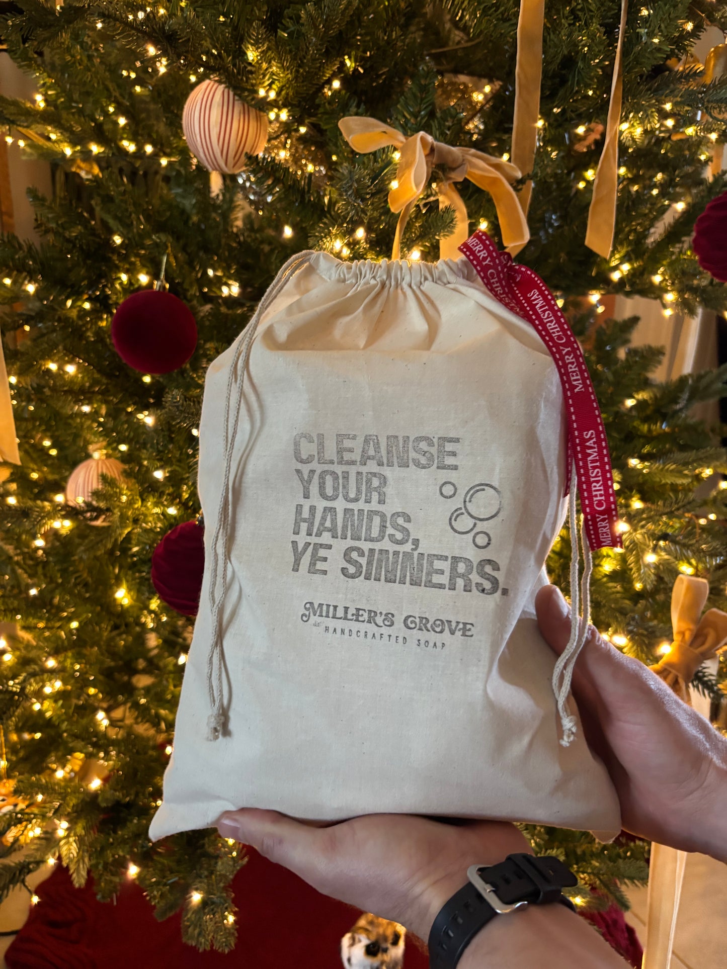 Drawstring bag with text held in front of a decorated Christmas tree