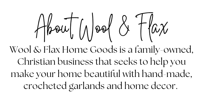 Text about Wool & Flax Home Goods on a white background