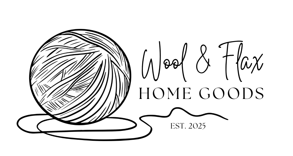 Logo of Wool & Flax Home Goods with a ball of yarn illustration on a white background.