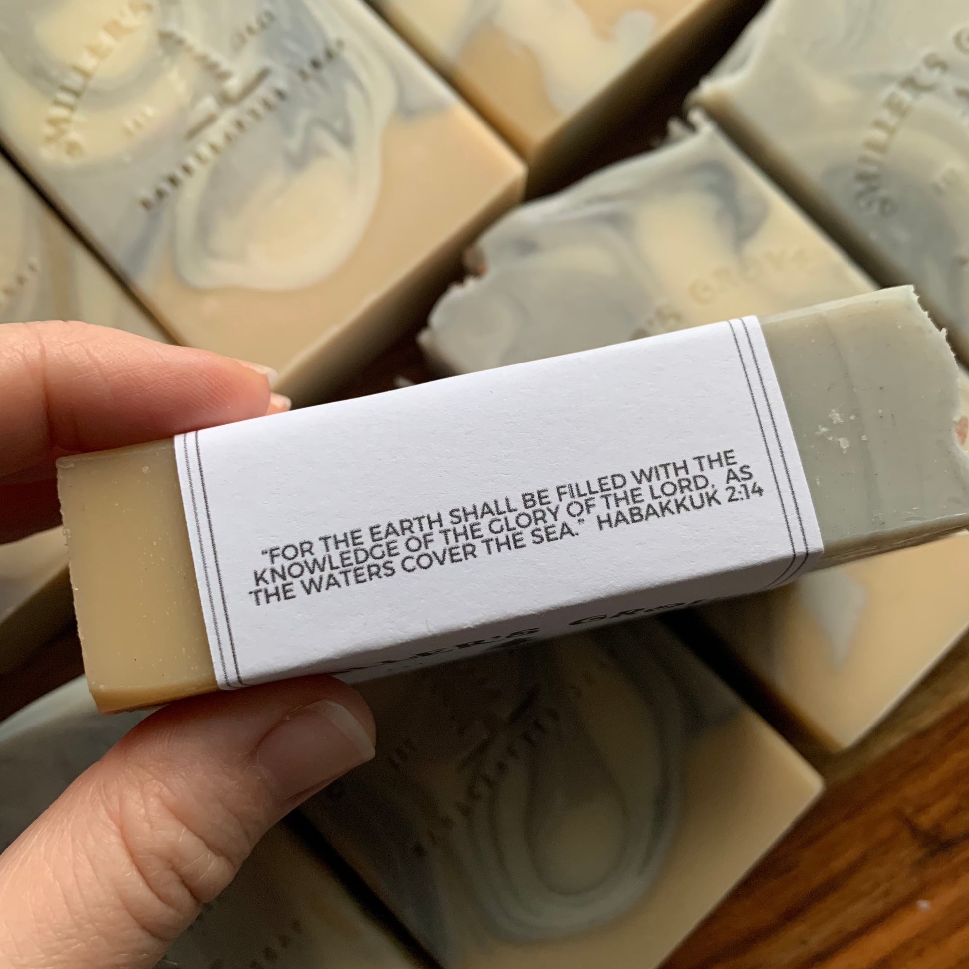 Soap bar with Habakkuk 2:14 on the side label