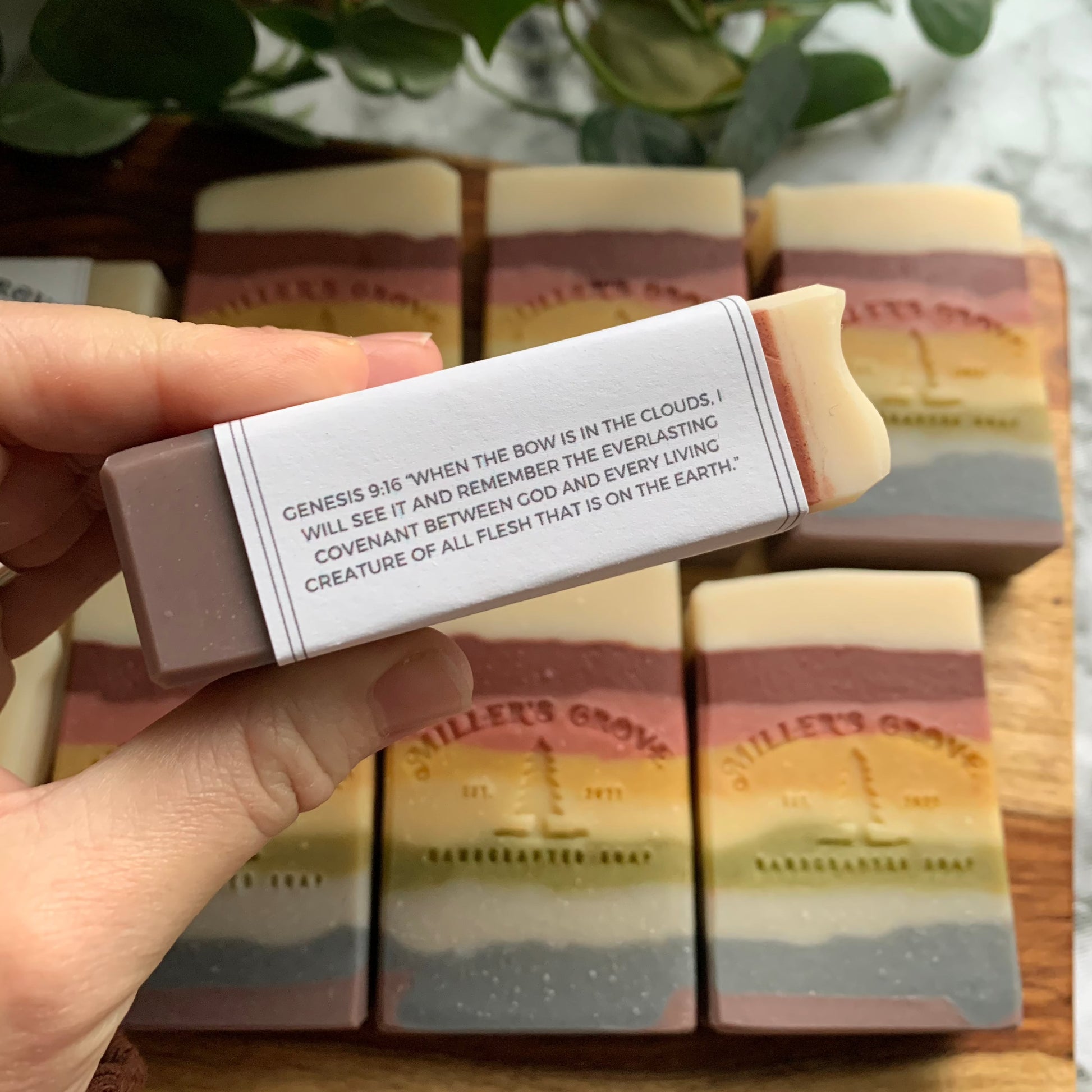 Rainbow colored soap bars with Genesis 9:16 typed on the side of the label
