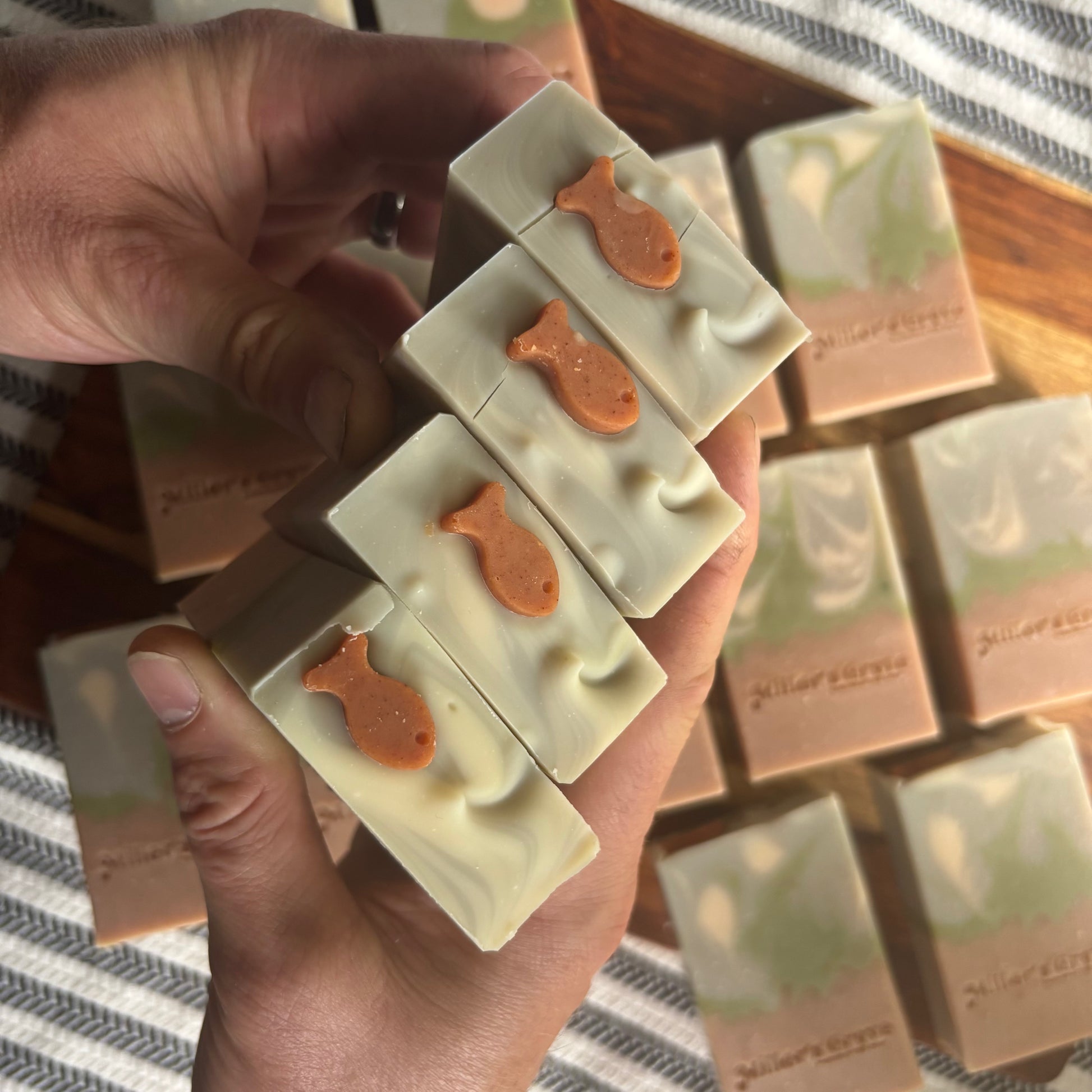 Hand holding a stack of soap bars with fish designs, with more soap bars in the background.