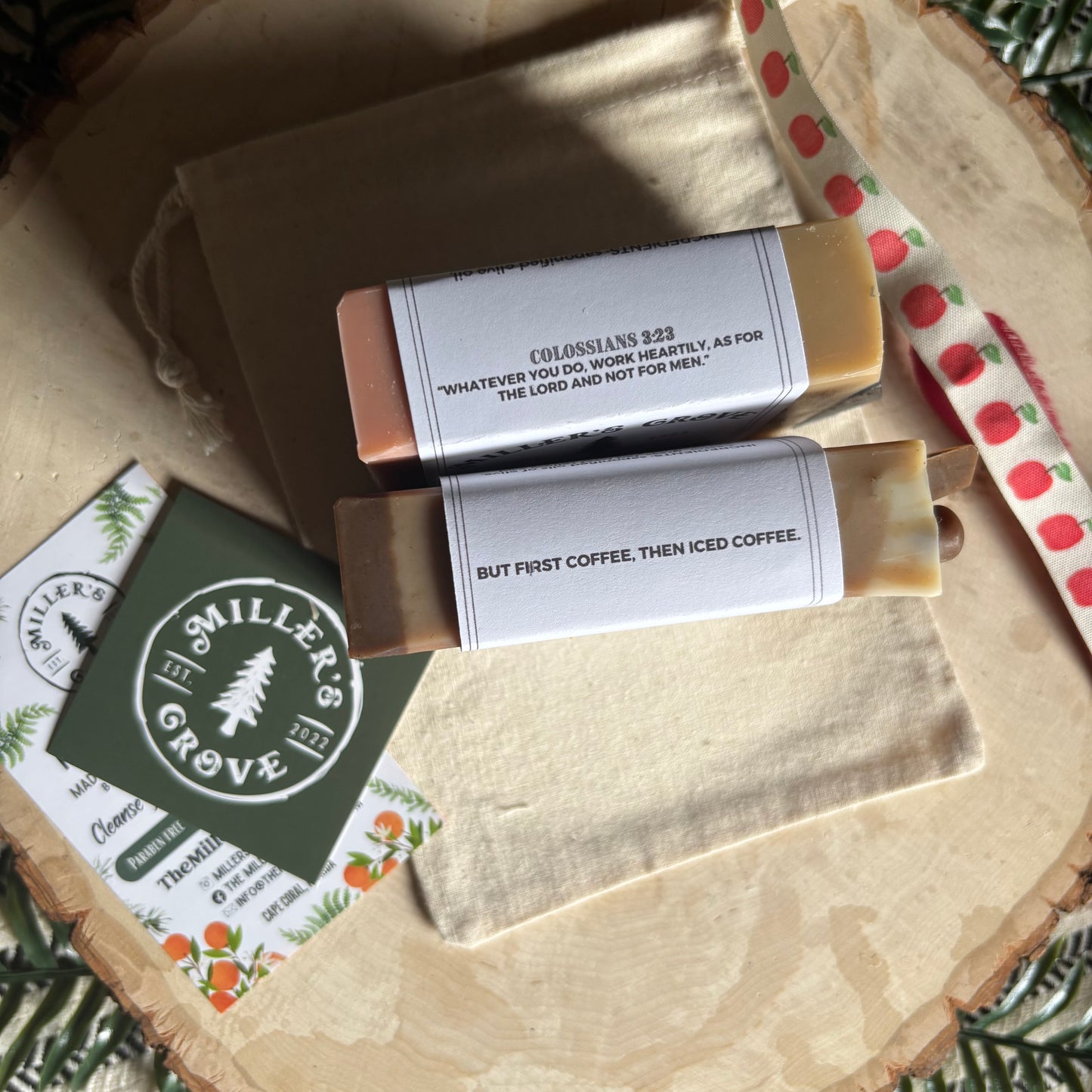 Two soaps on a canvas bag
