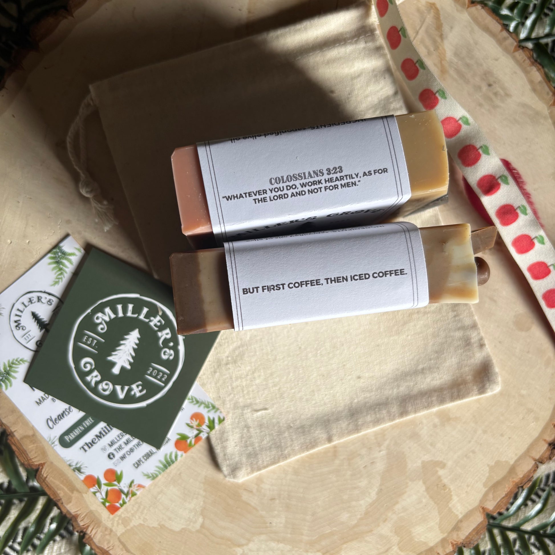 Two soaps on a canvas bag
